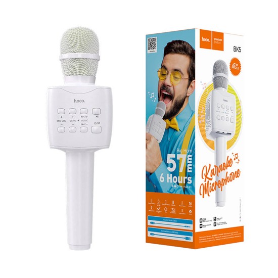 Micrófono Karaoke Inalámbrico Hoco BK5 Cantando Tarjeta TF/USB/Unidad Flash/Soporte de Reproducción/Multifuncional BT V5.0 1200mAh Blanco